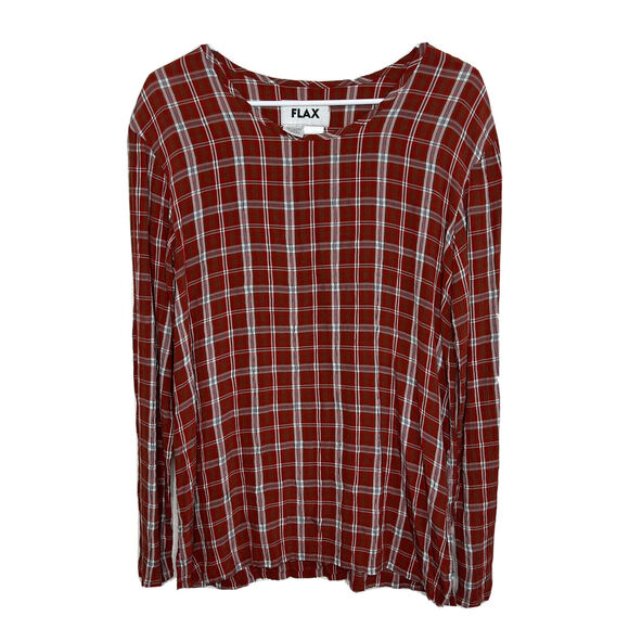 Flax Tunic Top Shirt Long Sleeve Boho Lagenlook Tunic Plaid Orange Small Aa11 - Picture 1 of 3